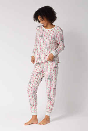 Fleur De La Tour Long Sleeve Pullover Crew And Jogger Stretch Jersey Pj Set