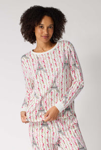 Fleur De La Tour Long Sleeve Pullover Crew And Jogger Stretch Jersey Pj Set