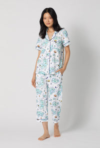 A lady wearing Treasure Hunt Short Sleeve Classic Stretch Jersey Cropped Pj Set