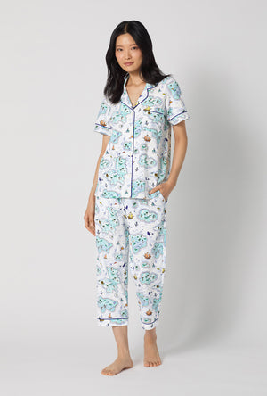 A lady wearing Treasure Hunt Short Sleeve Classic Stretch Jersey Cropped Pj Set