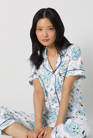 A lady wearing Treasure Hunt Short Sleeve Classic Stretch Jersey Cropped Pj Set closer look