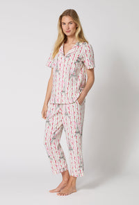 A Lady Wearing Fleur De La Tour Short Sleeve Classic Stretch Jersey Cropped Pj Set in a side angled view pose