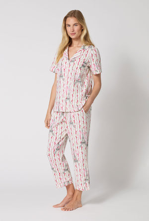 A Lady Wearing Fleur De La Tour Short Sleeve Classic Stretch Jersey Cropped Pj Set in a side angled view pose