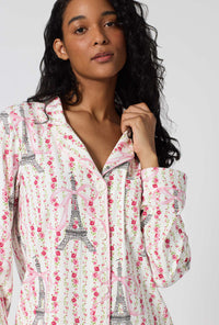 A Lady Wearing Fleur De La Tour Long Sleeve Classic Stretch Jersey Pj Set in a front face close up shot