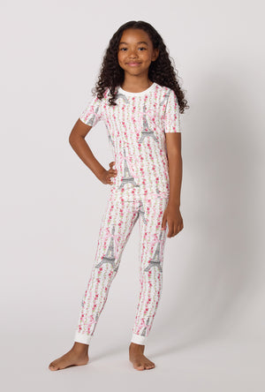 A Girl Wearing Fleur De La Tour Short Sleeve Stretch Jersey Kids Pj Set