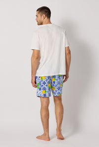 A man wearing Blue and White Men's Short Sleeve Henley Stretch Jersey Short Pj Set back view