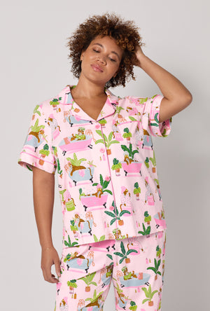 A lady wearing plus Spa Day Short Sleeve Classic Stretch Jersey Cropped Pj Set