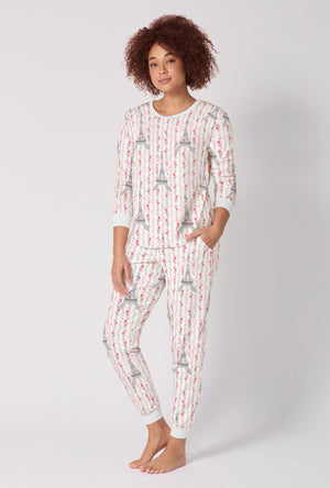 A Lady Wearing Fleur De La Tour Long Sleeve Pullover Crew And Jogger Stretch Jersey Pj Set