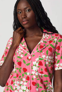 A lady wearing Spring Berry Short Sleeve Classic Shorty Stretch Jersey Pj Set