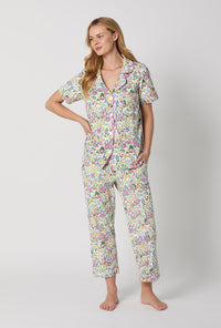 A Lady Wearing Multi Color Short Sleeve Classic Stretch Jersey Cropped PJ Set with Cottage Garden Print Front View