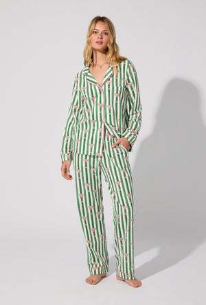 A lady wearing Martini O'Clock Long Sleeve Classic Stretch Jersey PJ Set