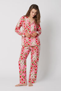A lady wearing Spring Berry Long Sleeve Classic Stretch Jersey Pj Set