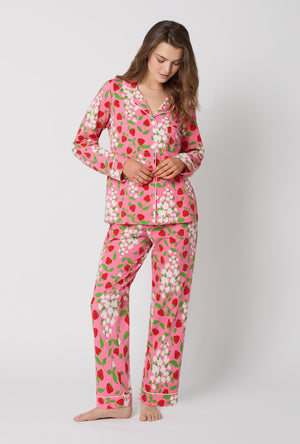A lady wearing Spring Berry Long Sleeve Classic Stretch Jersey Pj Set