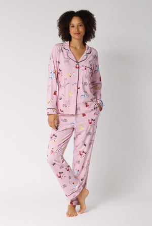 A Lady Wearing J'adore Paris Long Sleeve Classic Stretch Jersey Pj Set in a front view pose