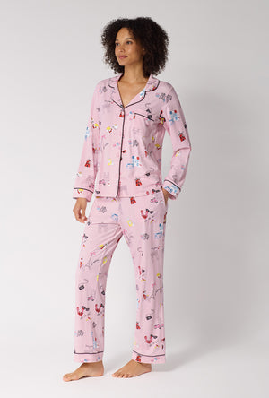A Lady Wearing J'adore Paris Long Sleeve Classic Stretch Jersey Pj Set in a side angled pose