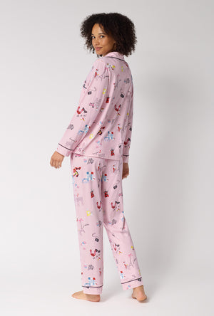 A Lady Wearing J'adore Paris Long Sleeve Classic Stretch Jersey Pj Set in a back view pose
