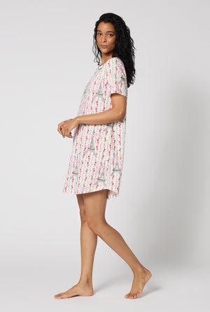 A Lady Wearing Fleur De La Tour Stretch Jersey T-shirt Sleep Dress in a walking side pose