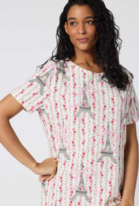 A Lady Wearing Fleur De La Tour Stretch Jersey T-shirt Sleep Dress in a close up view shot
