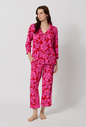 A lady wearing Isabella Flora 3/4 Sleeve Classic Stretch Jersey Cropped Pj Set
