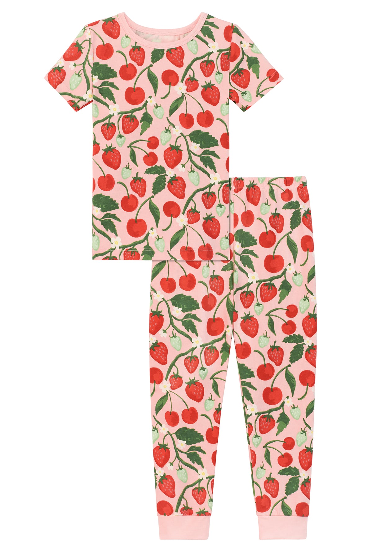 A girl wearing Short Sleeve Stretch Jersey Kids PJ Set with berry bliss print