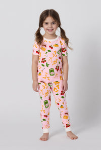 A girl wearing Pink Short Sleeve Stretch Jersey Kids Pj Set front view