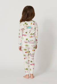 A girl wearing Festive Flamingos Long Sleeve Stretch Jersey Kids Pj Set back view