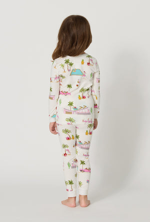 A girl wearing Festive Flamingos Long Sleeve Stretch Jersey Kids Pj Set back view