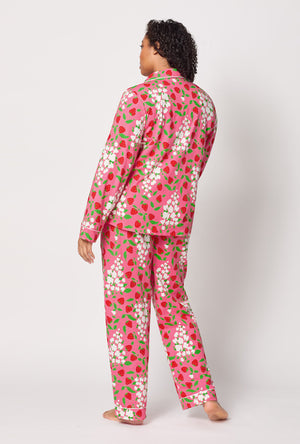 A lady wearing plus size Spring Berry Long Sleeve Classic Stretch Jersey Pj Set