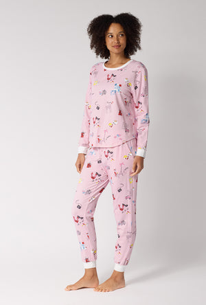 J'adore Paris Long Sleeve Pullover Crew And Jogger Stretch Jersey Pj Set