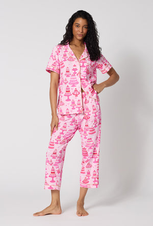 A Lady Wearing Cake Shop Short Sleeve Classic Stretch Jersey Cropped Pj Set