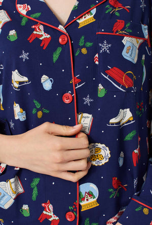 A lady wearing Nordic Nights Long Sleeve Classic Stretch Jersey Pj Set closer look