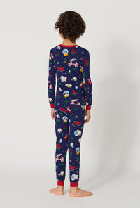 A boy wearing Nordic Nights Long Sleeve Stretch Jersey Kids Pj Set back view