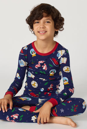 A boy wearing Nordic Nights Long Sleeve Stretch Jersey Kids Pj Set closer look