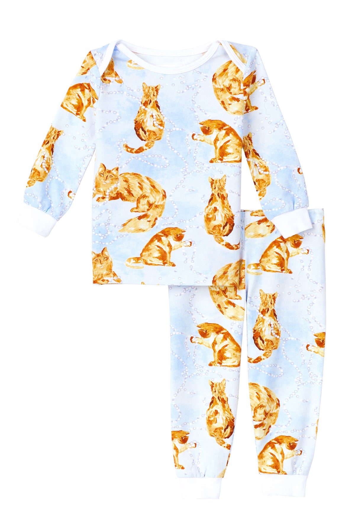 A baby wearing blue long sleeve stretch jersey boo boo pj set with fancy cats print.