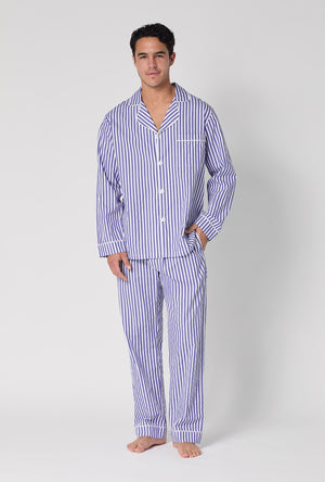 Navy 3D Stripe Men's Long Sleeve Notch Woven Cotton Sateen Long PJ Set