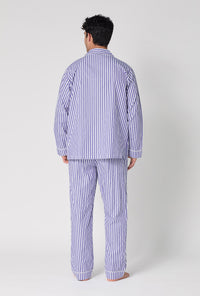 Navy 3D Stripe Men's Long Sleeve Notch Woven Cotton Sateen Long PJ Set