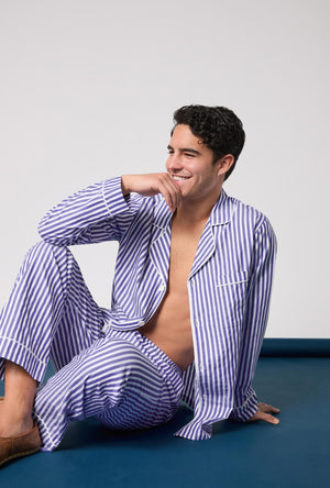 Navy 3D Stripe Men's Long Sleeve Notch Woven Cotton Sateen Long PJ Set