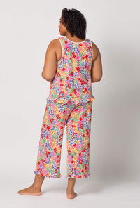 A lady wearing plus size Spring Fields Ruffle Tank Stretch Jersey Cropped Pj Set