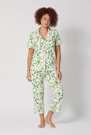 A lady wearing Peas In A Pod Short Sleeve Classic Stretch Jersey Cropped Pj Set