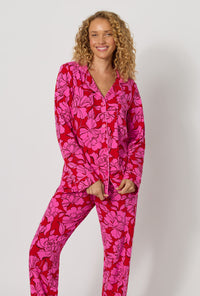 A lady wearing Isabella Flora Long Sleeve Classic Stretch Jersey Pj Set closer look