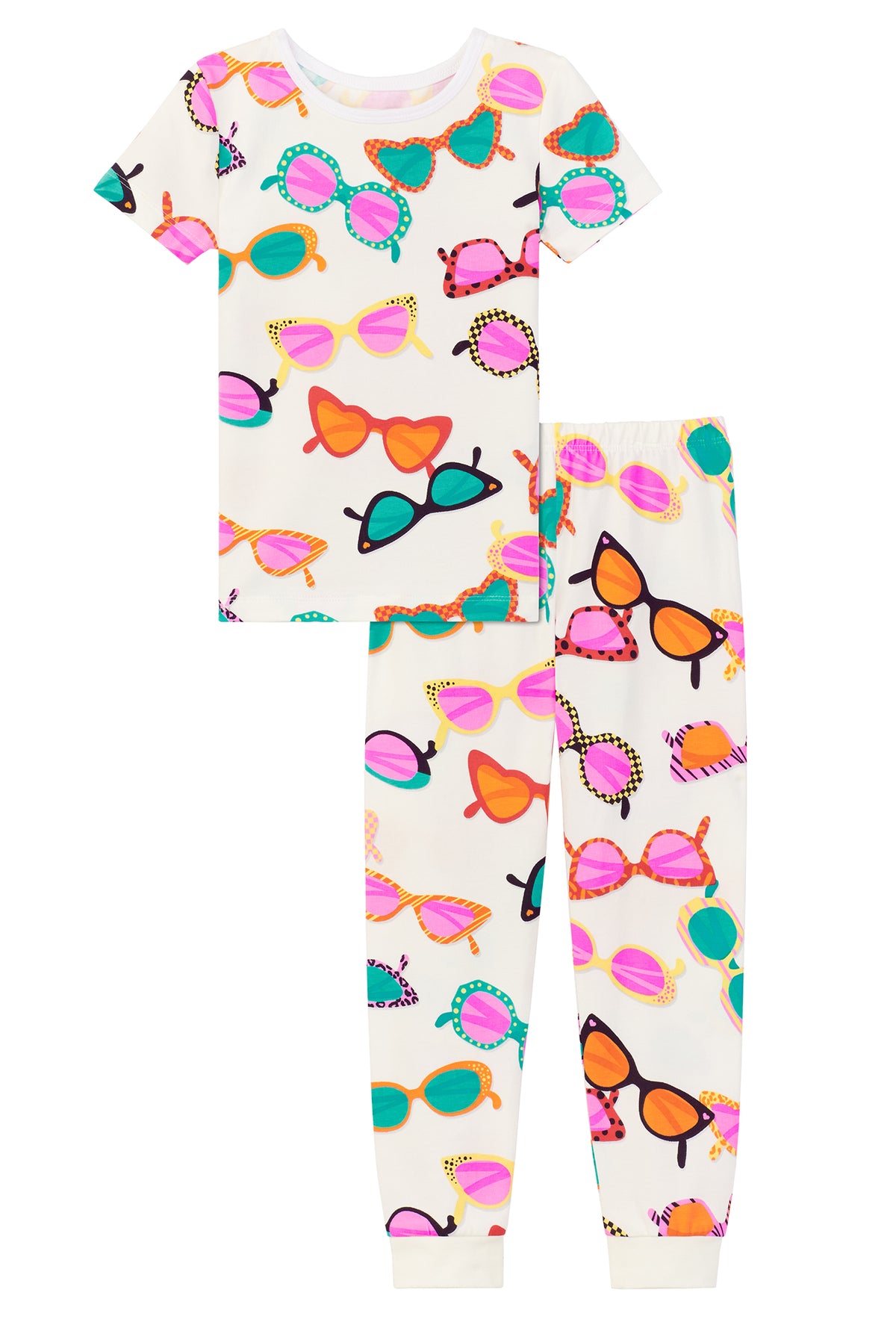 A multi color Short Sleeve Stretch Jersey Kids PJ Set with sunny lens print