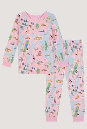 Children's pajama set with pink and blue map pattern on a white background
