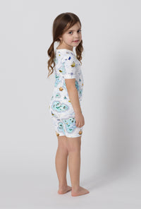 A little girl wearing Treasure Hunt Short Sleeve Stretch Jersey Kids Short Pj Set back view