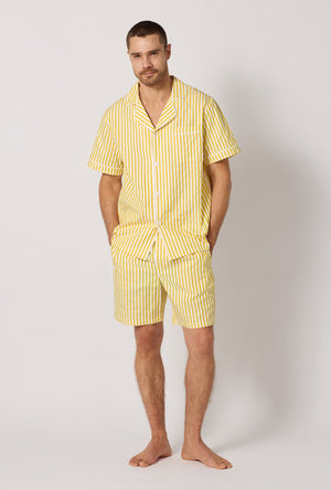 A man wearing Yellow Men's Short Sleeve Notch Woven Cotton Sateen Boxer Pj Set front view