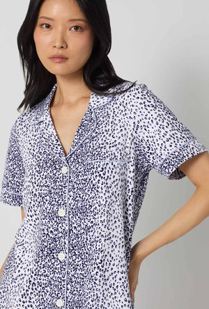 A lady wearing Sea Kitten Short Sleeve Classic Shorty Stretch Jersey Pj Set closer look