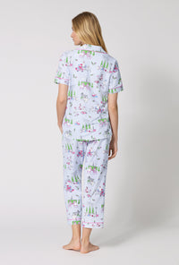 A Lady Wearing Belle Vie Short Sleeve Classic Stretch Jersey Cropped Pj Set turned back while looking to the side