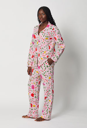 A lady wearing Sunlit Floral Long Sleeve Classic Stretch Jersey Pj Set