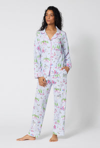A Lady Wearing Belle Vie Long Sleeve Classic Stretch Jersey Pj Set facing front in a standing pose