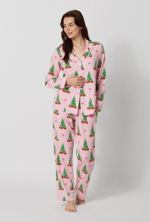 A lady wearing Pretty In Pine Long Sleeve Classic Stretch Jersey Pj Set