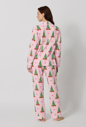 A lady wearing Pretty In Pine Long Sleeve Classic Stretch Jersey Pj Set back view